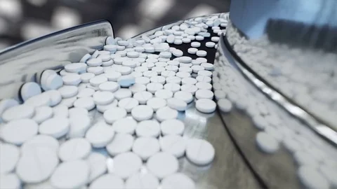 Process of production of pills, tablets. Industrial pharmaceutical concept. Video stock 73814098