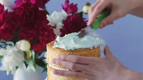 The process of putting cream on the top of multilayered cake Stock-Footage 105448092
