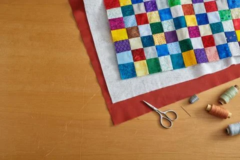 Process of quilt sandwich assembling, sewing accessories Stock Photos