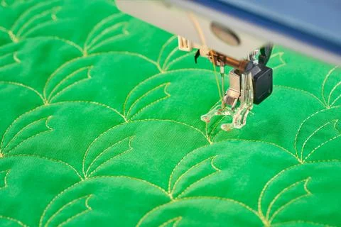 Process quilting with an electric sewing machine by using a free-motion techn Stock-Fotos