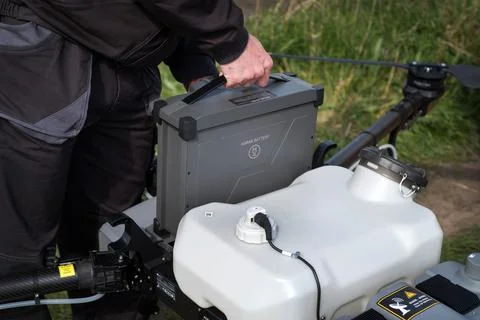 Process of replacement of the agrodrone battery, service, latest technologi.. Stock Photos