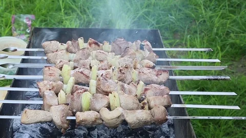 The process of roasting shish kebab Stock Footage 71529389