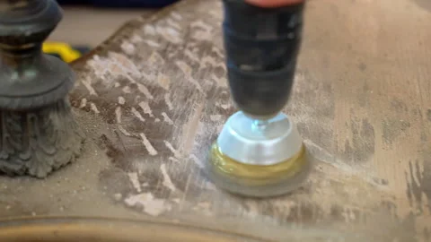 Process of sanding antique wooden table surface with grinding machine, metal Stock Footage 244110260