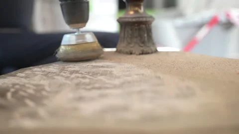 Process of sanding old painted wood board surface with electric grinding machine Stock Footage 233247559