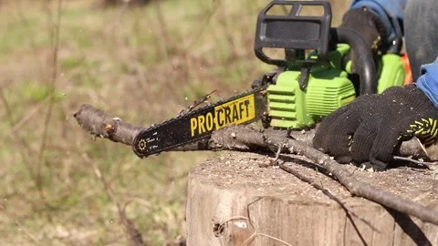 The process of sawing dry wood using a Procraft chainsaw Vídeos de archivo 335283320