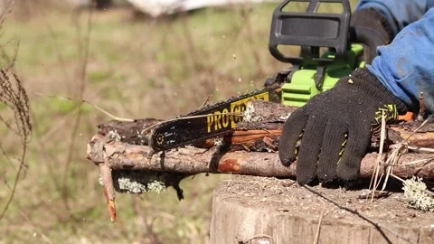 The process of sawing dry wood using a Procraft chainsaw Stock Footage 335283385