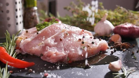 Process of seasoning, spicing, peppering the fresh raw steak meat. Close up view Stock Footage 107378680