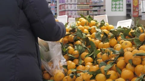 The process of selecting and buying tangerines in the store. Video stock 232753561