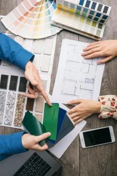 Process of selection of design elements for new interior repair. Work of 스톡 사진