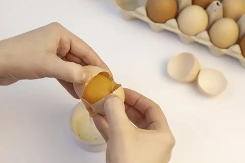 The process of separating the yolk from the protein. Tray of chicken eggs Stock Photos