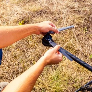 The process of setting up a copter before flight. Stock Photos