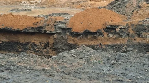 Process of soil removal at a construction site. Heavy machinery is used to dig Vidéo 344675305