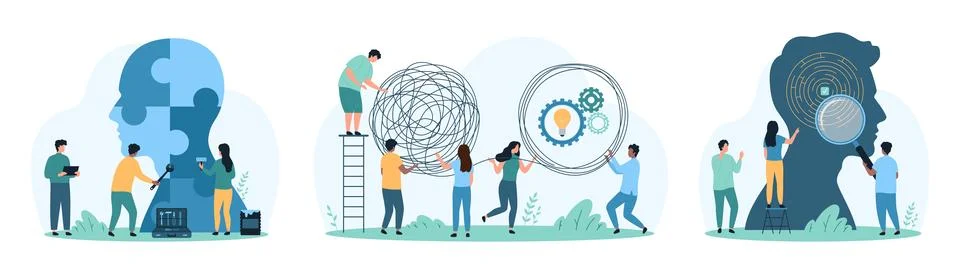 Process solving of complicated problem, chaos in thinking, psychotherapy by tiny Stock Illustration