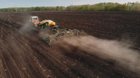 Process of sowing cereals and other crops. Drone view Stock Footage 130049522