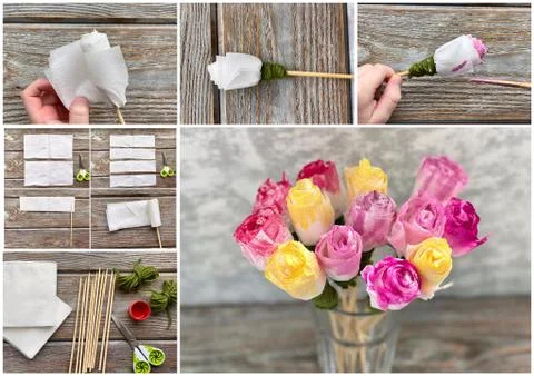 Process step-by-step how to make child craft rose from a paper napkin. Stock Photos