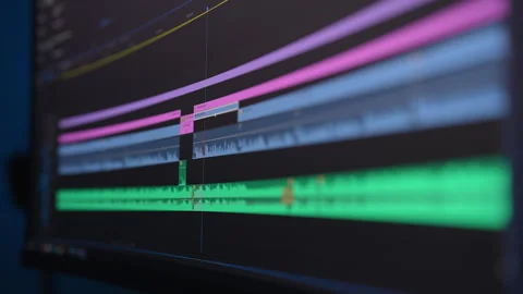 Process of timeline video editing and on ultrawide monitor. Closeup of video Stock Footage 276603551