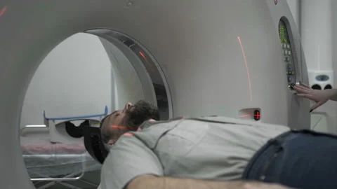 Process Of Tomograph's Work. Parts Of Special Medical Equipment Move, While Stock Footage 107492809