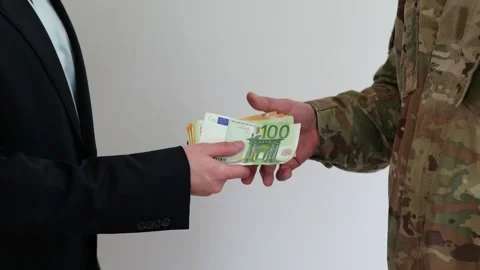 Process of transferring euro banknotes between military person and civilian show Stock Footage 336625714