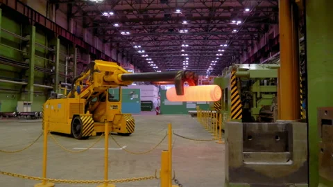 Process of transportation of metal hot workpiece at mechanical plant. Stock Footage 160629632