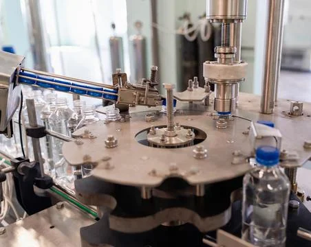 Process of twisting the lids on plastic bottles. Water production line. Stock Photos