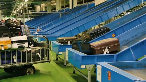 The process of unloading Luggage at the airport Stock Footage 73313998