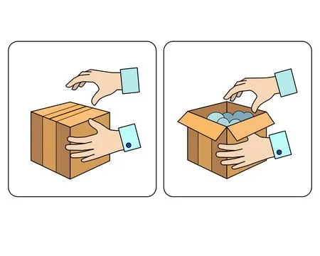 Process Unpacking a box with a purchase, hands open a cardboard box Stock-Illustration