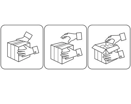 Process Unpacking a box with a purchase, hands open a cardboard box Stock Illustration
