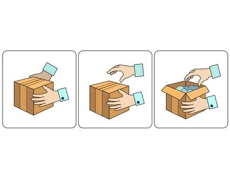 Process Unpacking a parcel, a box with a purchase, hands open a cardboard box Stock Illustration
