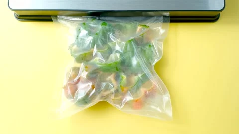 Process of vacuuming fresh green pepper in bag on a yellow background close-up Stock Footage 315733916