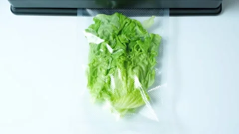 Process of vacuuming green lettuce leaves in bags on white background top view. Stock Footage 280450630