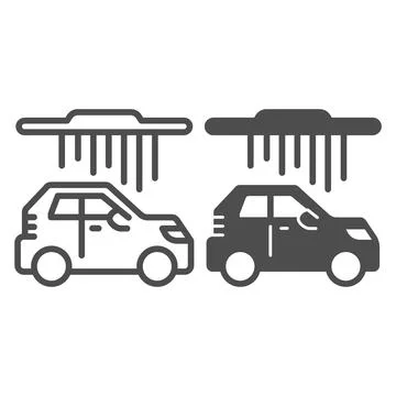 Process of washing car in conveyor car wash line and solid icon, car washing Illustrazione stock