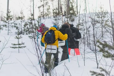Process of winter hiking in Scandinavia, landscape view of a finnish wilder.. Stock Photos