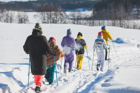 Process of winter hiking in Scandinavia, landscape view of a finnish wilder.. 스톡 사진