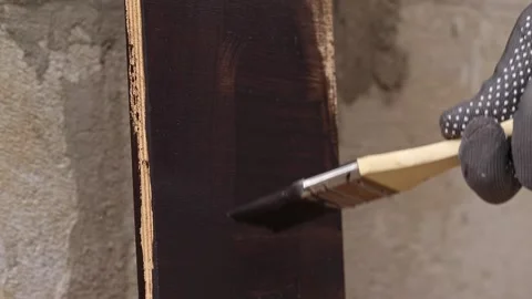 Process of wood coating with dark varnish. Handmade 스톡 동영상 334622754