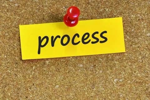 Process    word on notes paper with cork background Foto stock