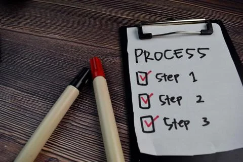 Process write on sticky notes and step task checklist isolated on the table. Stock Photos