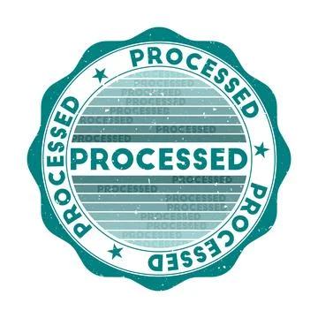Processed badge. Grunge word round stamp with texture in Teal color theme. .. Stock Illustration