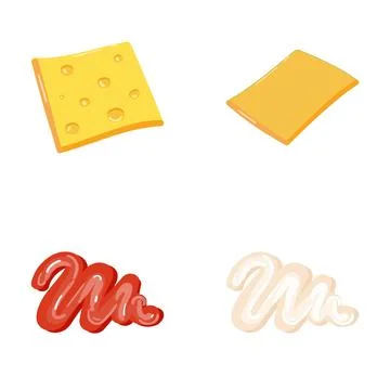 Processed cheese slices and condiment sauces set Stock Illustration