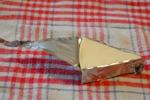Processed cheese wedge on a checkered cloth Stock Photos