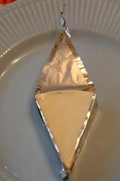 Processed cheese wedge on a plate Stockfoto's