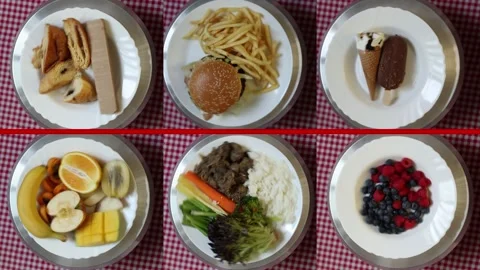 Processed foods compared with balanced healthy nutrition Stock Footage 340221121