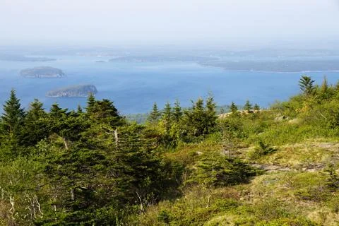 Processed by: Helicon Filter; An elevated view of the lake with multiple isla Stock Photos