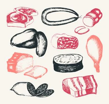 Processed Meat - hand drawn composite illustration Stock Illustration