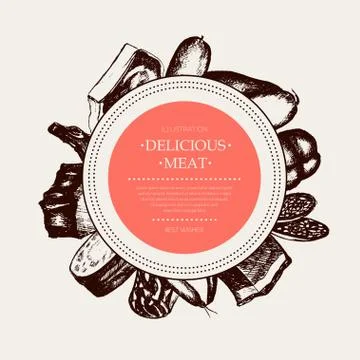 Processed Meat - vector hand drawn round banner. Stock Illustration