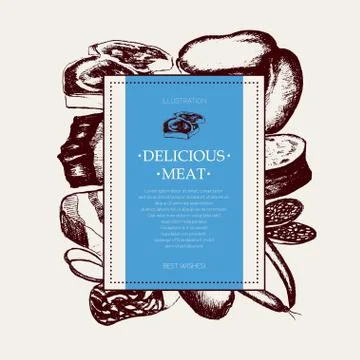 Processed Meat - vector hand drawn square postcard Stock Illustration