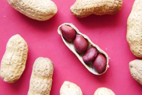 Processed pea nuts on red background close up Stock Photos