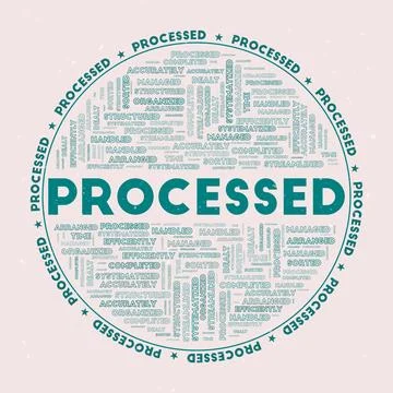 Processed - round badge. Text processed with keywords word clouds and circu.. Stock Illustration
