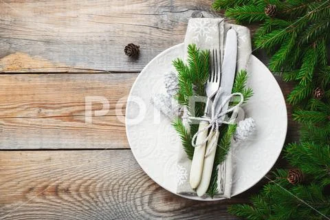 Processed with VSCO with f3 preset Christmas table setting with christmas dec Stock Photos