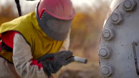 Processes metal with a stream of sand Stock Footage 142497004