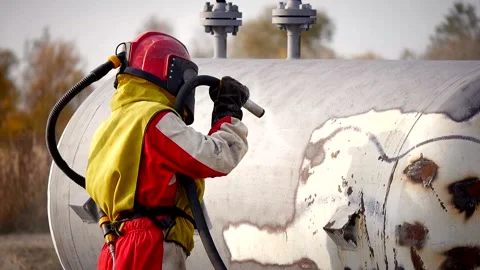 Processes metal with a stream of sand 스톡 동영상 142497358